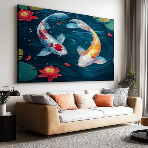Leinwand Bilder Wandbilder für Wohnzimmer, Badezimmer 160X80 Cm Chinesische Koi Fische Lotusblattblumen Vlies Leinwand Gemälde Zimmer Deko auf Wand Dekoration Geschenk Wall Art