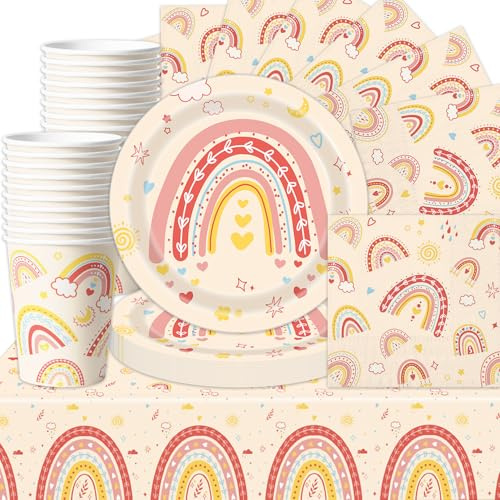 Ensemble de vaisselle de fête bohème, 61 pièces, articles de décoration sur le thème arc-en-ciel, assiettes en papier, serviettes, tasse, nappe, décoration de fête pour bébé, baptême, anniversaire