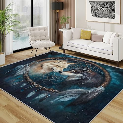 TerroVee Wolf Teppich Schlafzimmer, Indianische Wölfe Teppich 120x170 cm, Tiere Waschbar Kurzflor Antirutsch Teppiche Für Wohnzimmer Schlafzimmer, Dunkelblau
