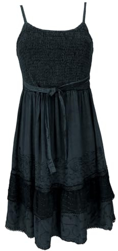 GURU SHOP Besticktes Indisches Boho Kleid, Sommerkleid, Minikleid Hippie Chic - Schwarz, Damen