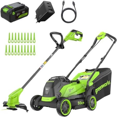 Greenworks 24V Lithium‑Ion Cordless Lawnmower 24V, 33cm Cutting Width, up to 280m², plus Cordless Grass Trimmer with Automatic Feed Head, includes 1 x 4Ah Battery & Charger – MTCK24B410‑01