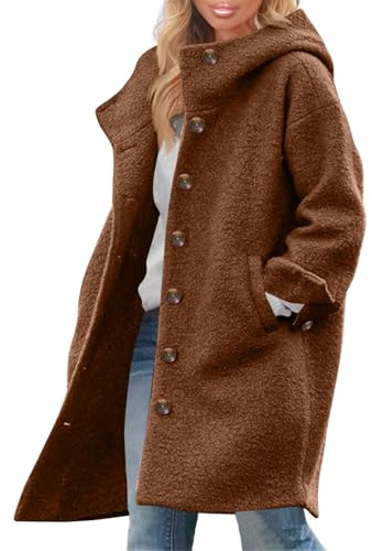 Generisch Wollmantel Damen Winter Winterjacke Damen Lang Warm Wolljacke Mit Kapuze Elegant Wintermantel Dicke Frauen Übergangsjacke Mit Knöpfen Mantel Oversize Trenchcoat Einfarbig Wolle Jacke