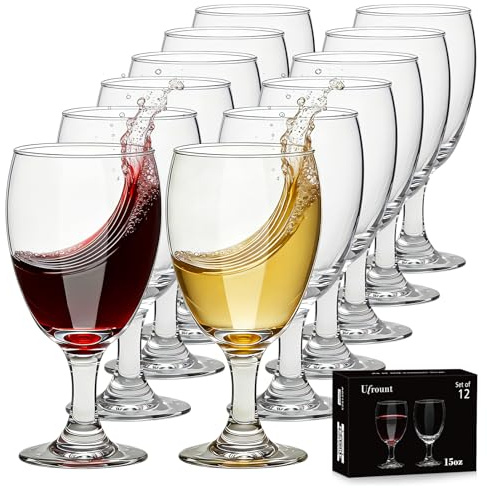 Ufrount 15 oz Wine Glasses,12 Pack Clear Water Goblets with Gift Box, Short Stemmed Drinking Glasses for Party, Wedding, Home Bar