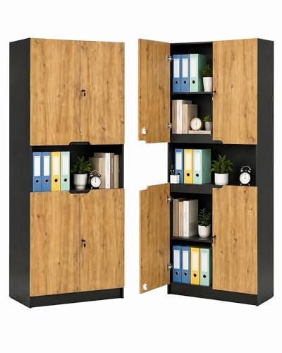 Amveya Aktenschrank 200 cm Hoch Holz Büroschrank Mehrzweckschrank mit 4 Türen offenem Fach und Schloss Aufbewahrungsschrank für Büro Home Office Wohnzimmer in Eiche Schwarz 200 x 82 x 37 cm