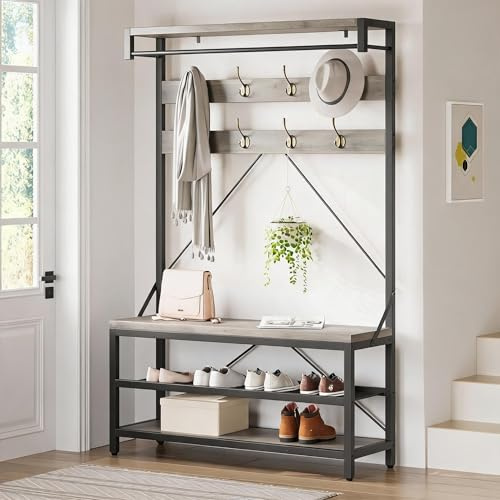 Koioplie freistehender Garderobenständer 5-in-1, Grau | Metallrahmen, 3-stufiges Regal, 8 abnehmbare Haken, Holzoptik-Schuhbank, platzsparend für Flur, Diele, Eingangsbereich