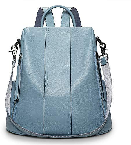 S-ZONE Women Soft Leather Backpack Anti-theft Purse Ladies Waterproof Rucksack School Bag (Blue)