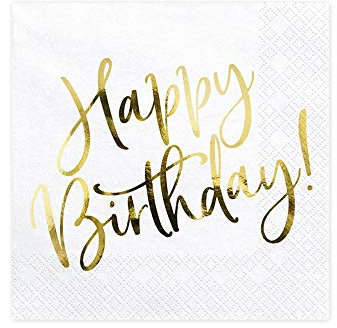 Party Deco Servietten für Geburtstag - Happy Birthday - Geburtstag mit Goldschrift, 33 X 33 cm, 20 Stück - Geburtstagsdeko Papierservietten für Event, Geburtstagparty, Jubiläum, Geburtstagsfeier