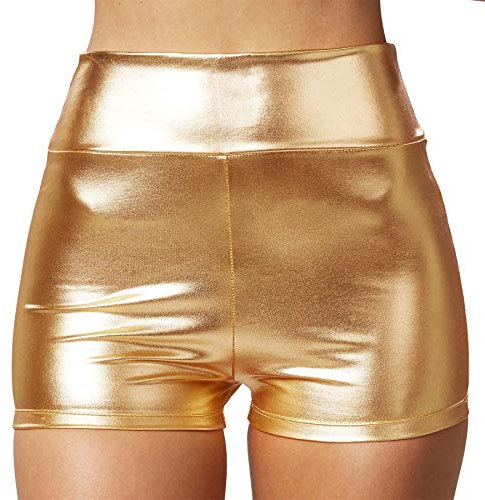 dressforfun 901007 Damen Metallic Hotpants, glänzende Shorts mit hoher Taille, eng anliegende Kurze Hose für Tanz Sport Disco Kostüm Fasching Karneval - Diverse Größen - (S | Gold | Nr. 303567)