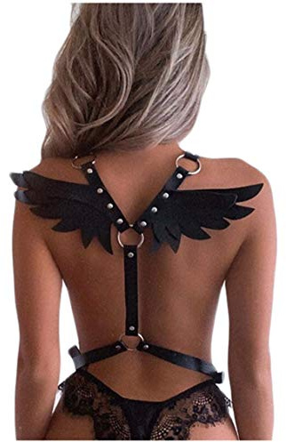 keland Damen Punk Leder Harness Einstellbar Schlinge Dessous Gürtel Erotische Body Strap Hosenträge mit Schnallen Engelsflügel Halloween Club