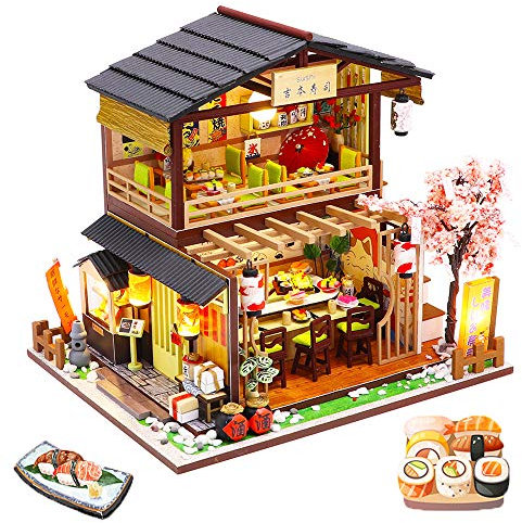 Spilay DIY Dollhouse Miniature with Wooden Furniture,Handmade Japanese Style Home Craft Model Mini Kit with Cover&LED, 1:24.