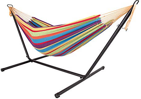 Outdoor Doppel Hängematte mit Gestell - 285x120x110 cm - Stabhängemate für 2 Personen - bis 150 Kg belastbar (Kaleidoscopic Stripe)