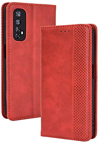 TANYO Funda Leather Folio para el OPPO Realme 7 4G (Not for 5G Version), PU/TPU Premium Flip Billetera Carcasa Libro de Cuero con Ranuras y Tarjetas - Rojo