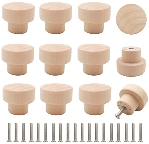Bmgop 16PCS Wood Knobs Flat Top Round Cabinet Knobs 1.39(35mm) Unfinished Wooden Dresser Drawer Pulls Kitchen Cabinet Handles
