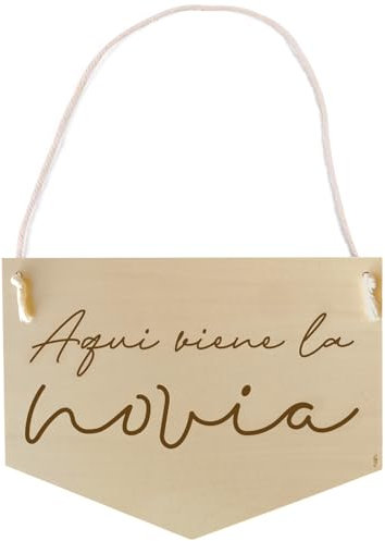 nagu® Pancarta Personalizada de Madera en Forma de Corazón con Frase 'Aquí Llega la Novia' - Cartel Personalizado de Boda con Cordón de Algodón, 35x30 cm - Ideal para Photocall Boda