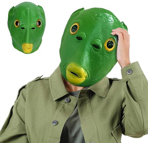 LATRAT Grüne Fisch Kopfbedeckung Grüner Mund Fisch Latex Maske Unisex Erwachsene, Monster Kopfbedeckung für Karneval Party Kopf Party lustige Dekoration