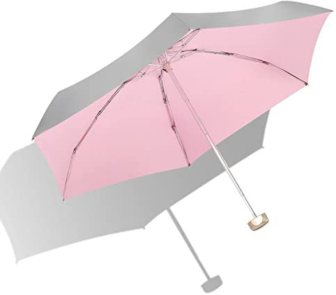 Meichoon Reise-Mini-Regenschirm, leicht, klein, 5 zusammenklappbar, 6 Rippen, kompakt, Sonnen- und Regen, wasserdichter Sonnenschirm mit UPF 50+ UV-Schutz, Anzug für Tasche mit Tasche, Pink, Large,