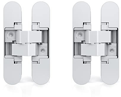 Emuca - Verdecktes Scharnier für Eingangstüren, Set aus 2 unsichtbaren Scharnieren für schwere Türen, Last 40 kg, 180°-Öffnung, Zamak, weiß