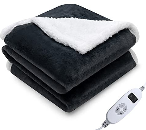 GOPLUS Couverture Chauffante 160 x 130 cm, 10 Niveaux de Chauffage, 9H Arrêt Automatique, Plaid Chauffante Électrique Lavable en Machine, Protection Contre Surchauffe, Noir