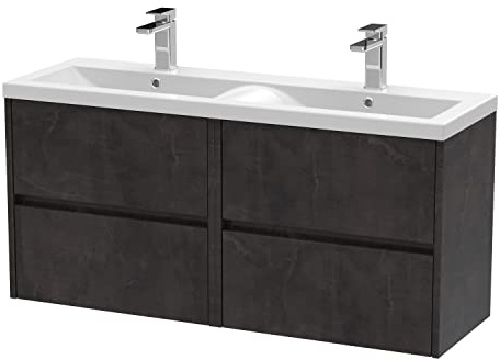 Hudson Reed HAV2604F Havana Wall Hung 4 Drawer Vanity Unit & Double Ceramic Basin, 1200mm, Matt Metallic Slate