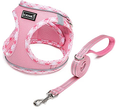 DORAMIO Harnais Chien, Step-in Harnais pour Chiens avec Laisse, Réfléchissant Respirant Mesh Doux Confort Réglable Gilet Harnais pour Petite Chiens Chats pour Marcher Courir (Rose, XL)