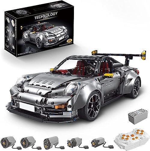 Technik Sportwagen Modell für Porsche 911, 3389 Teile Technik Rennauto Bausteine Bausatz Technik MOC Auto Modell mit Motoren Fernbedienung und APP Steuerung, Klemmbausteine Kompatibel mit Lego (grau)