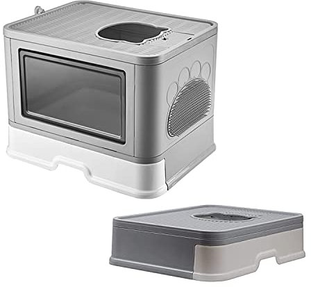 SHISHI Bac à Litière pour Chat Fermée, Grande Maison de Toilette Chat Pliable avec Couvercle, Tiroir à Litière avec Pelle et Brosse Massage, WC pour Chats, Jusqu'à 7 kg (Gris L 48,5×38×36,5 cm)