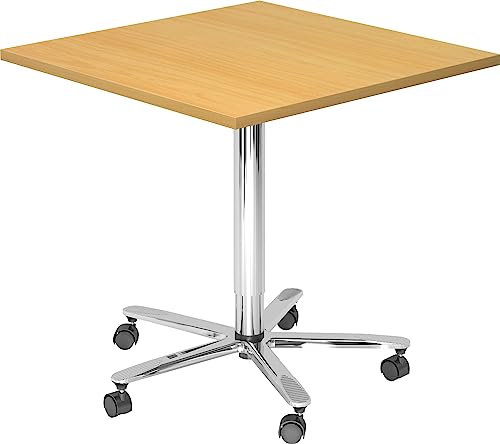 bümö Säulenhubtisch höhenverstellbar, Stehtisch Büro, Bistrotisch eckig 80 x 80 cm - Besprechungstisch Buche, Stehtisch Holz-Platte, Säule aus Metall verchromt, Säulentisch, Hochtisch