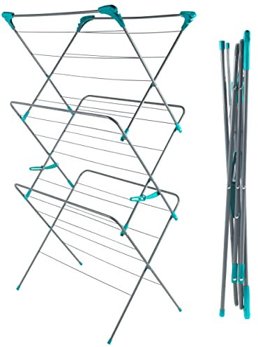Beldray LA029005FEU7 XL Clothes Airer – Foldable Drying Rack with Additional Hooks/Clips for Hangers & Delicates, Strong Collapsible Clothes Horse, Non-Slip Feet, Extra Large 81cm Width, Blue/Grey