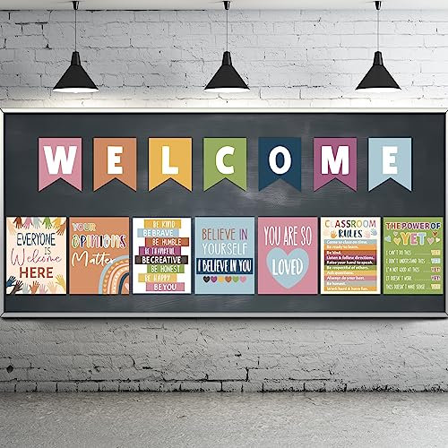 14 Stück Klassenzimmer Willkommen und motivierende Dekorschilder für Klassenzimmer, Wachstumsmindset, Klassenzimmer-Poster für Grundschule mit Klassenzimmer-Regeln (Boho-Regenbogen)