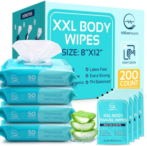 Lingettes corporelles pour adultes – Lingettes humides XL 20,3 x 30,5 cm (200 pièces) | Lingettes de bain sans rinçage – Débarbouillettes jetables pour incontinence, à l'aloe vera et à la vitamine E –