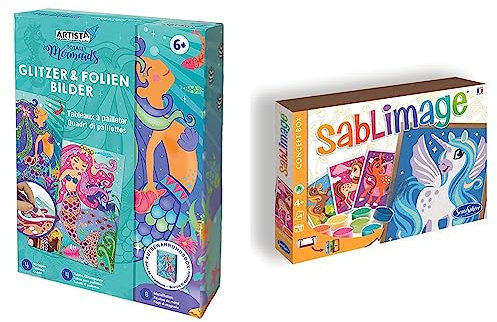 ARTISTA 9301901 Bastelset Glitzer & Folien Bilder Meerjungfrau & Sentosphère 3908812 Sanduhr Sandbilder-Kreativset für Kinder, Motiv Einhörner, Orange