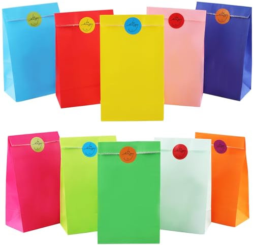 Sacchetti Regalo di Carta, Vexillic 60 Pezzi Sacchetti di Carta bustine Borsa per Caramelle Colorata con Adesivi per Feste Compleanno Matrimoni 10 Colori