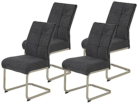 Hela Tische, 4er Set Esszimmerstuhl INES, Schwingstuhl, XL-Stuhl, Webstsoff Anthrazit, Komfortsitz Federkorb, Metallgestell Edelstahloptik
