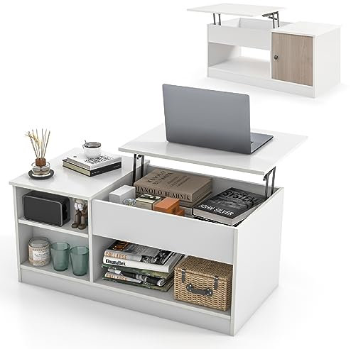 CASART Lift Top Coffee Table, Wooden Lifting Sofa Side Table with Hidden Compartment & Open Shelves, Home Office Tea Table Center Table for Living Room Bedroom