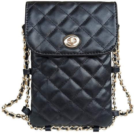 Larswon Handy-Umhängetasche, gesteppte Taschen, Handy-Geldbörse, weiche Kette, Crossbody-Tasche, Handy-Geldbörse für Damen, Schwarz, Medium