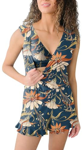 Hrjxfpt 2024 New Swim Romper Built in Bra and Leggings Plus Size V Neck Sleeveless Solid Color Tassel Ruffle Detachable Bra One Piece Bathing Suit Swimming Beachwear Romper Costume (240315A-Navy, L)