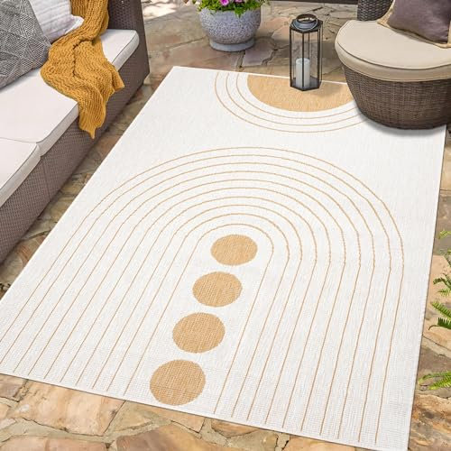 carpet city Outdoor Teppich Wetterfest 160x230 cm - Creme-Gelb - Wendeteppich, Beidseitiges Kreisförmiges Muster - Balkonteppich Wasserfest Outdoor - Terrassenteppich