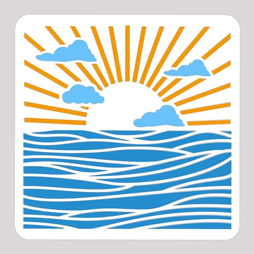 NBEADS Meer Sonne Malerei Schablone, 30x30cm Wiederverwendbare Bastelschablonen Hollow Out Zeichnung Malerei Vorlage für Malerei auf Holz Stoff Papier Wände Leinwand Möbel