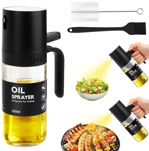 SUWMUWFU Spruzzino Olio per Friggitrice Aria da 250 ml, Spruzzatore Olio con Pennello Cucina e Spazzola Bottiglia, Olio Spray per Friggitrice ad Aria Vetro, Spray Olio per Friggitrice ad Aria (Nero)