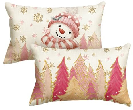 Artoid Mode Pink Trees Snowman Snowflakes Christmas Cushion Covers Set of 2, 30x50 cm Decorative Pillow Case Cover Sofa Living Room Outdoor Decor