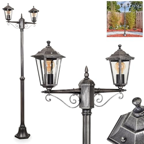 Kandelaber Loria, Außenwegeleuchte aus Metall/Glas in Schwarz/Silber/Klar, Leuchte im Antik/Vintage-Design für Garten/Außenbereich/Terrassen, Höhe: 200 cm, 2 x E27, ohne Leuchtmittel, IP44