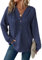 Dokotoo Women's Hoodies Waffle Knit Drawstring Button Womens Pullover Sweatshirt V Neck Long Sleeve Jumpers Women Hooded Tops Plain Casual Ladies Hoodie Top Navy Blue L