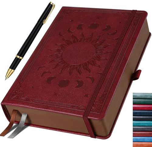 HwxBen Journal-Notizbuch für Frauen und Männer, 360 Seiten, PU Leder-Hardcover im Vintage Sonne & Mond Design, Premium Weinrot (14,5 x 21 cm), für klassisches liniert Schreiben