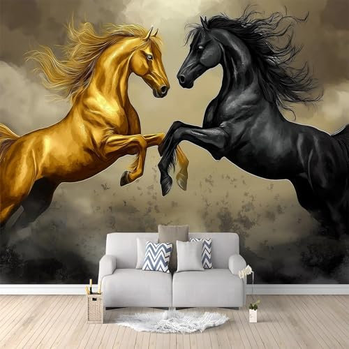 Cheval Noir Et Or Papier Peint Panoramique 3D Murales Or Murale 3D Papier Peint Intissé Poster Décoration Fond De Mur Tv Salon Papier Peint Murales 250x175 cm