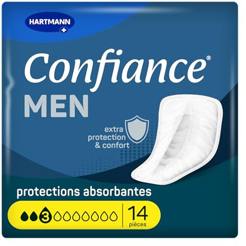 Confiance Men - Petites Protections Anatomiques Absorbantes pour Hommes - Discrètes - Niveau d'Absorption = 3 gouttes (Fuites Urinaires Moyennes) - pH Neutre à la Peau - 14 Unités