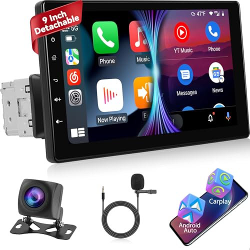 Radio 1 DIN con Pantalla con Inalámbrico Carplay y Android Auto - Radio Coche Bluetooth Pantalla Táctil Desmontable de 9 Pulgadas con Enlace Espejo, EQ, FM, TF/USB/Puerto AUX +Cámara de Marcha Atrás