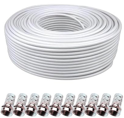 CABLEPELADO - Bobina de Cable Coaxial de 20 Metros con 10 Conectores F – Cable COAXIAL 75OHM Blindado para TV Satélite, Antenas y Receptores