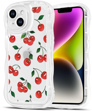 Phoona Cherry Case for iPhone 15 6,1, Cute Curly Wave Girly Preppy Aesthetic Design Wavy Pattern, Clear Soft Phone Case Anti-Yellowing Shockproof Protective Cover for Girls Women, Red