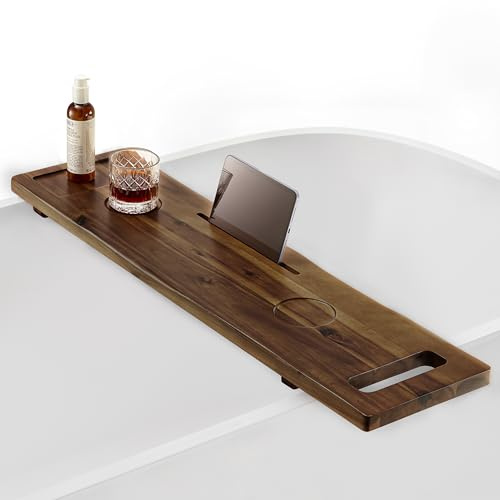 Tinamo Akazien-Badewannentablett mit verstellbaren Beinen – Badewannentablett für freistehende Wannen – 99 x 24 cm, großes Tablett aus Holz, Kippschutz für Badewanne mit Zubehörhalterungen, Walnuss