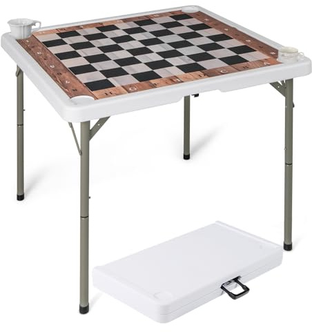 GYMAX Folding Chess Table, 90 CM Square Card Table | Metal Legs, Cup Holders and Removable Mat, Portable Game Tables with Carrying Handle, Ideal for Parties, Picnics, Camping